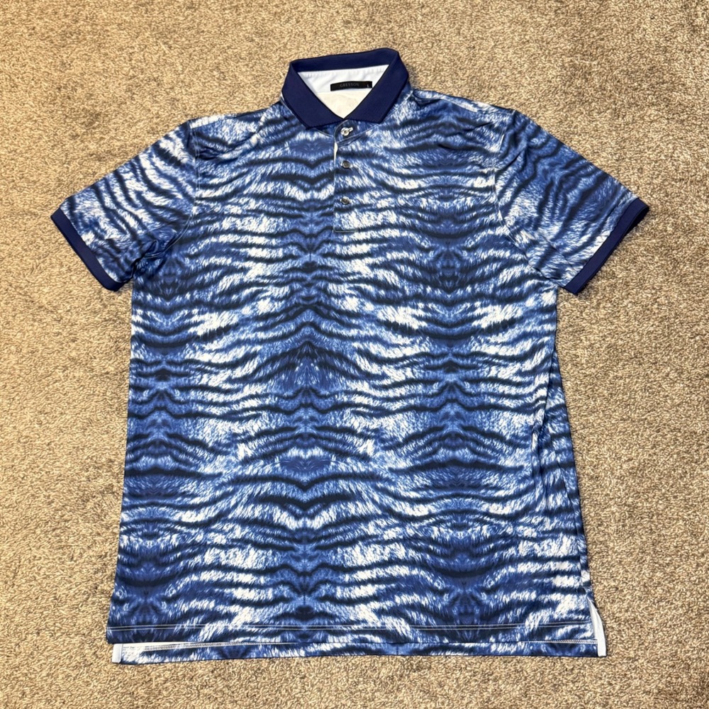 Greyson Clothiers Mens Blue Tiger Stripe Golf Polo Shirt Size Large Short Sleeve